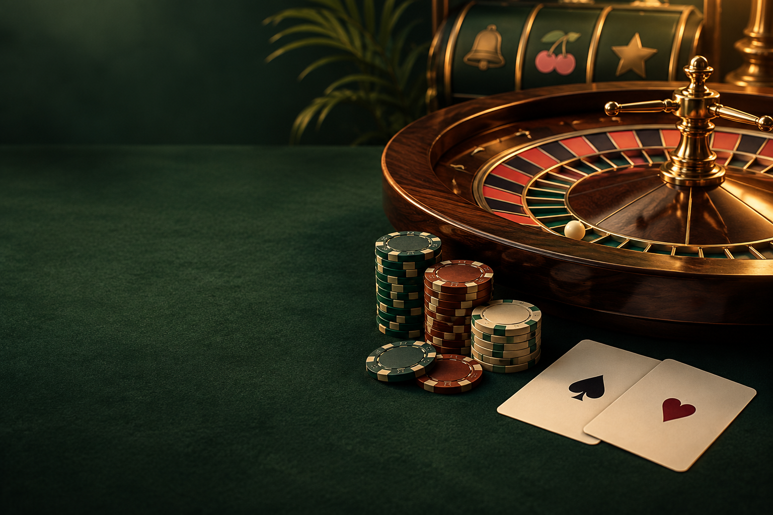 Meja roulette, keping dan kartu dalam pencahayaan tembaga