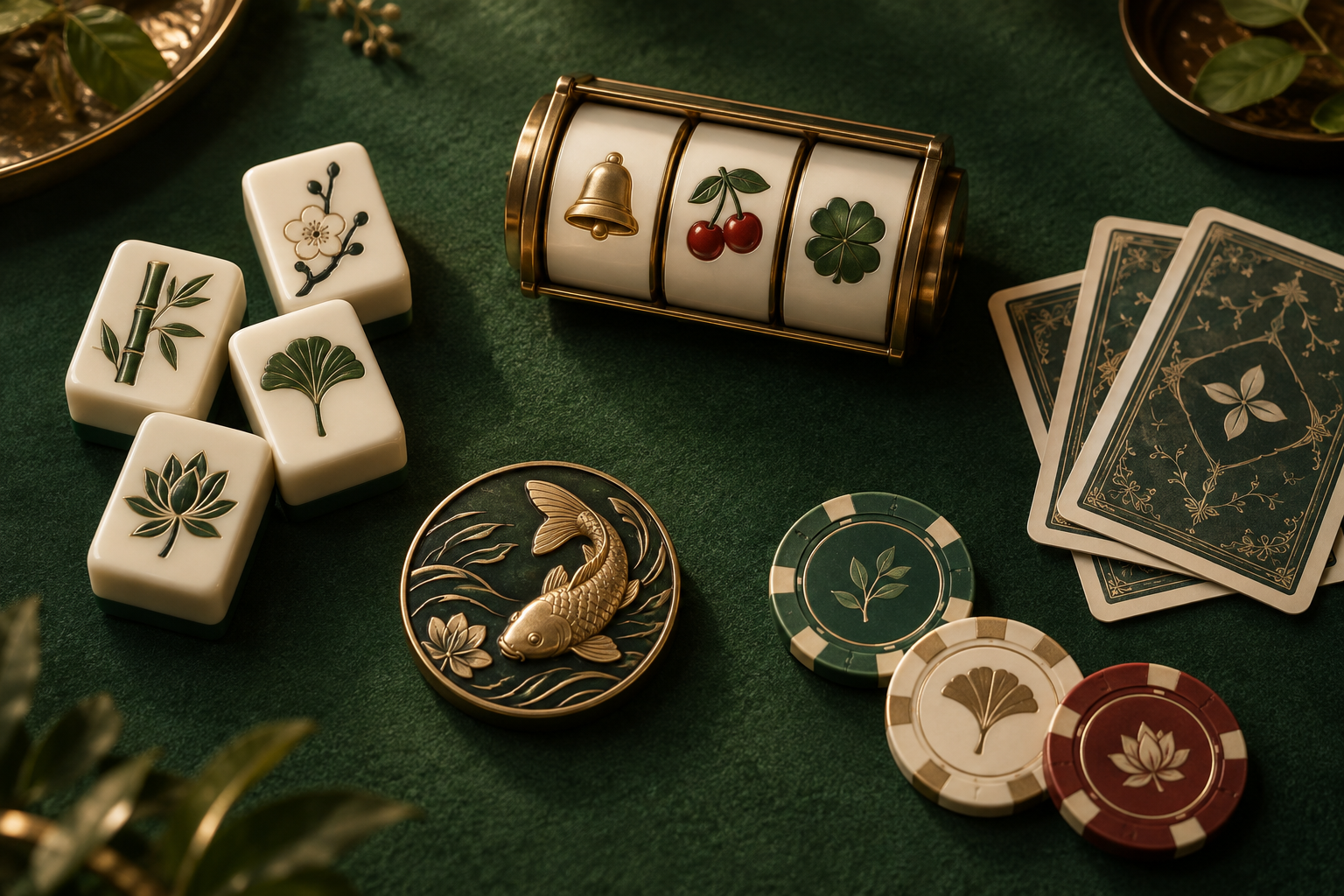 Gulungan slot, ubin permainan, kartu dan keping pada meja kasino